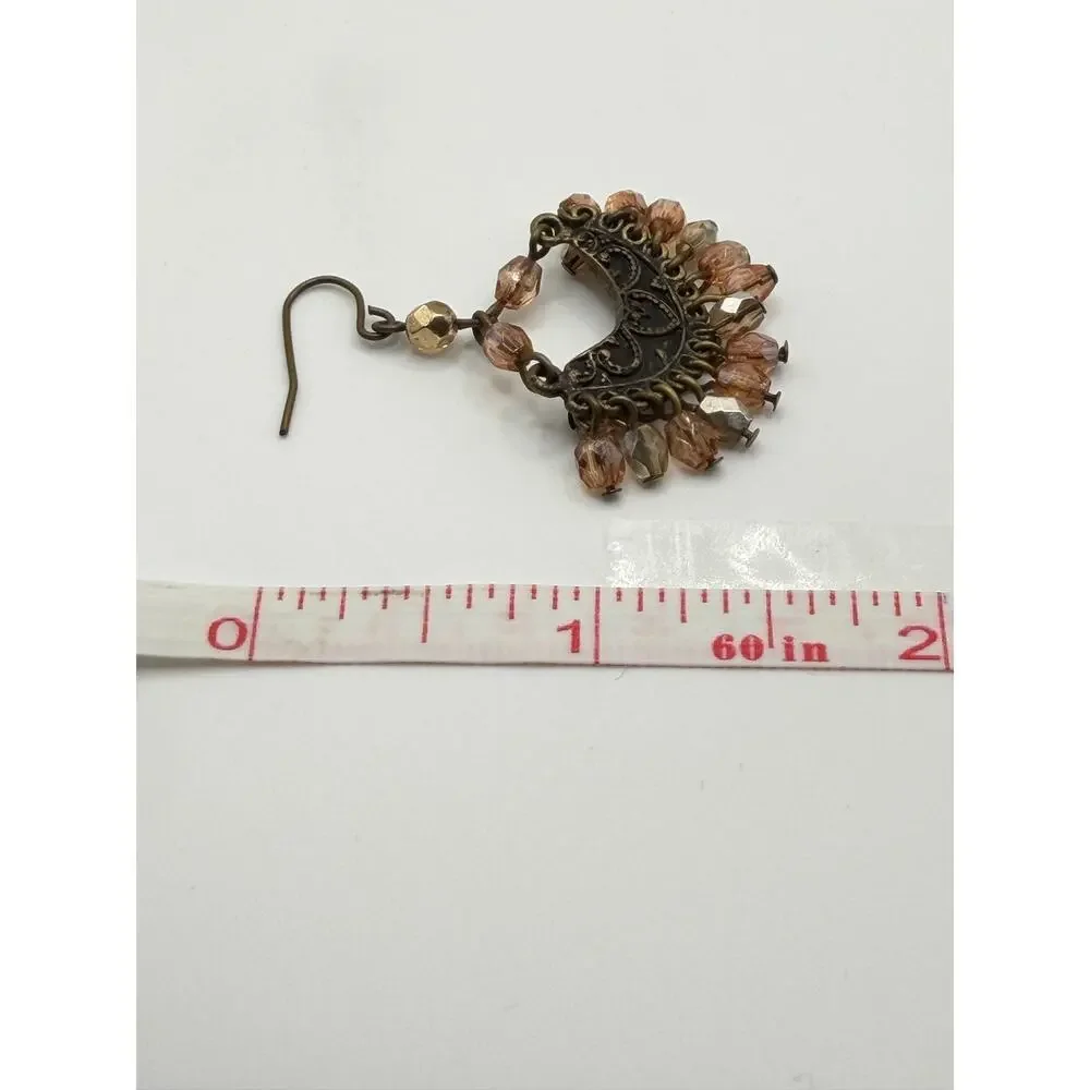 Antique Brass Beaded Boho Chandelier Earrings | Peach Crystal